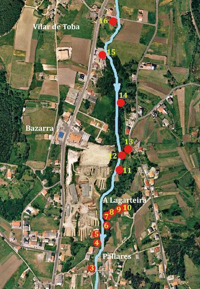 Mapa dos Muinos do Rio Lagarteira en Cee-Fonte-Modesto